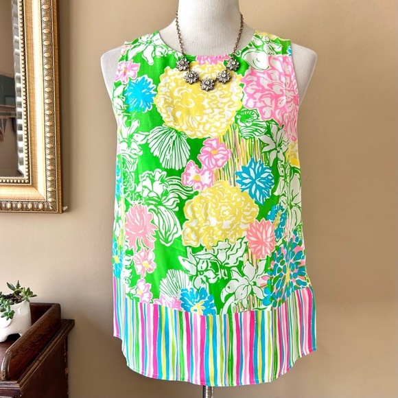 Lilly Pulitzer Iona Button Back Silk Tank Top Pink Green Hibiscus Stroll Floral - Picture 3 of 10